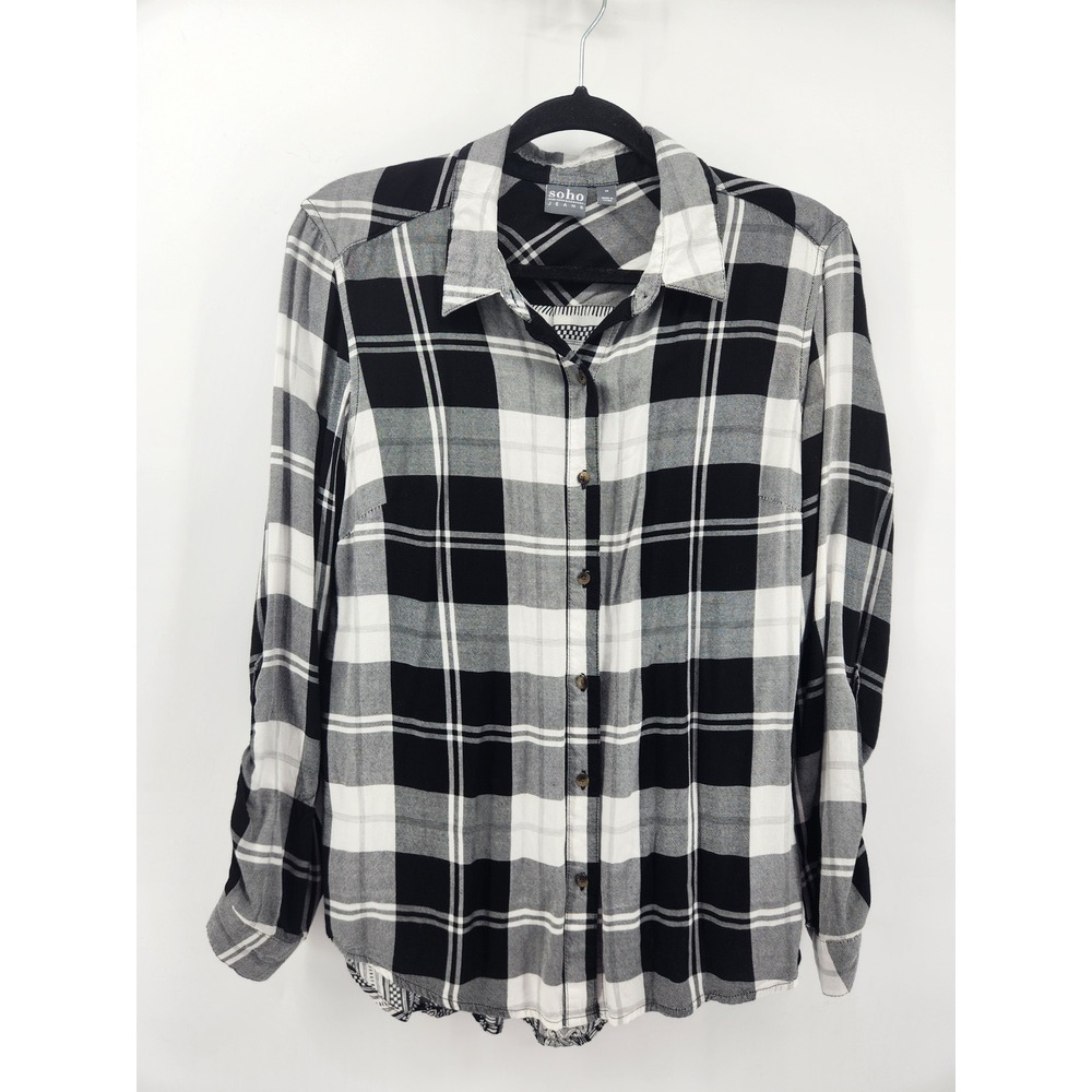 Soho Jeans Black White Plaid Button Down‎ Shirt Roll Tab Sleeve Womens M
